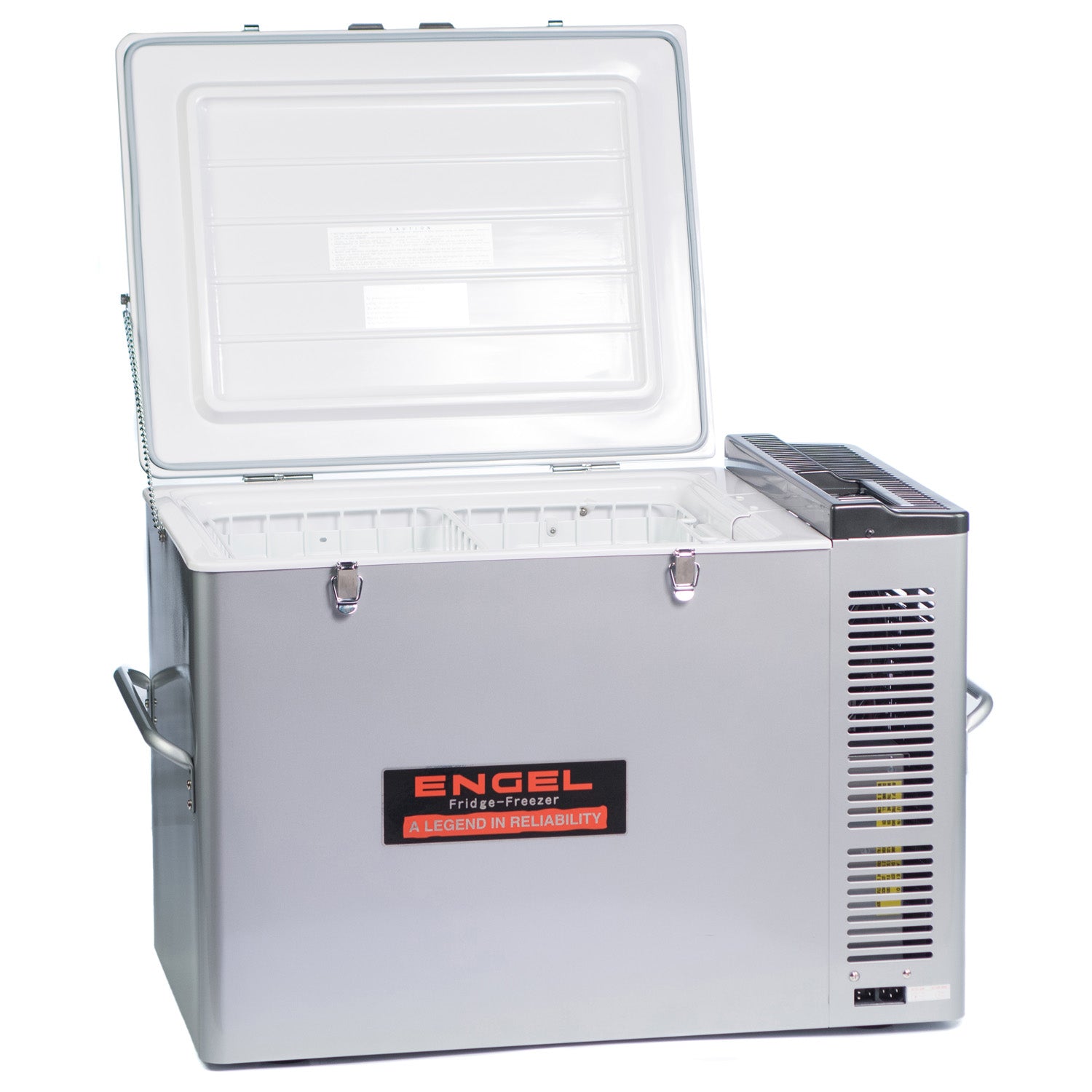 A grey Engel Coolers MT80 Top Opening 12/24V DC - 110/120V AC fridge-freezer with a lid open, featuring compressor technology for precise temperature control.