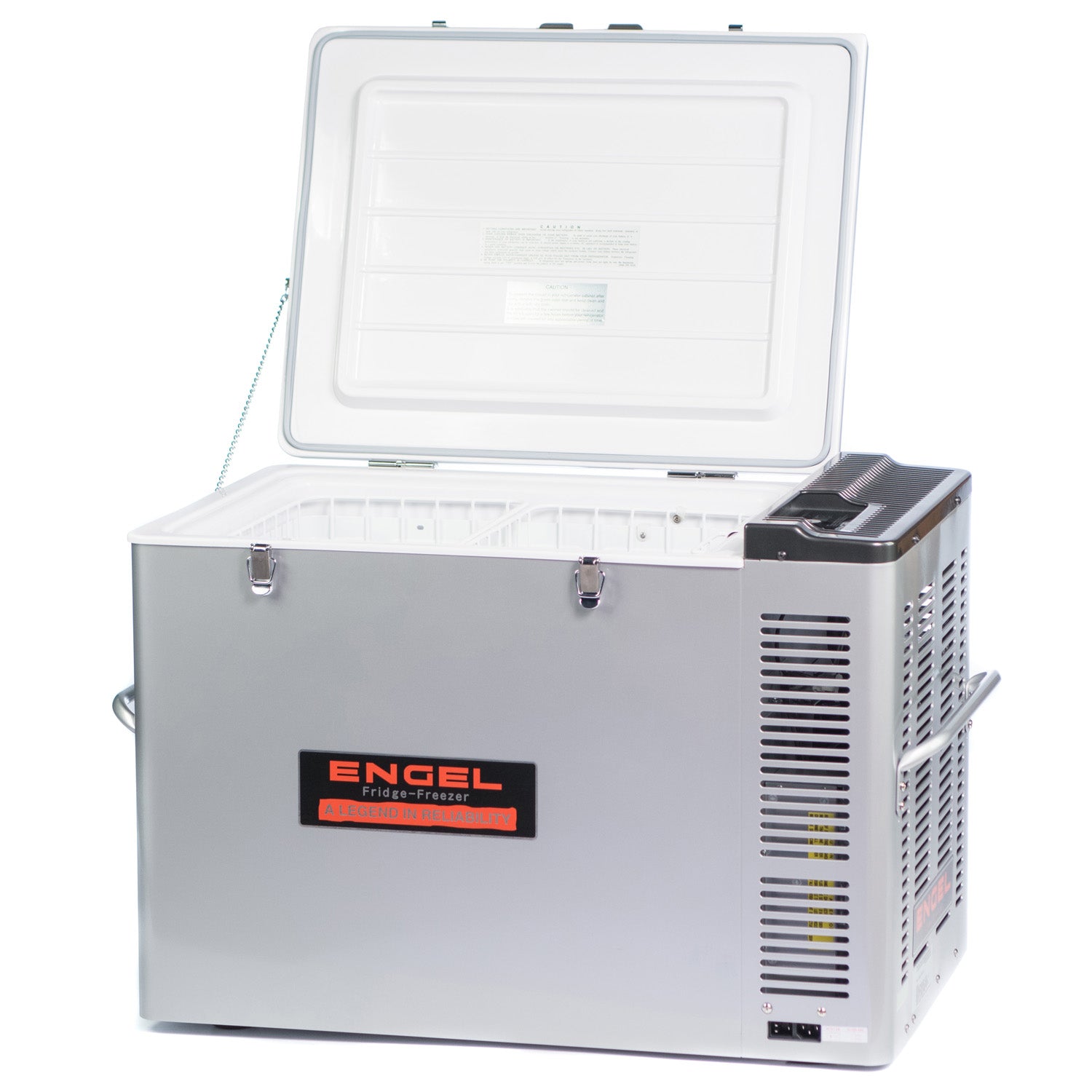 An Engel Coolers MT80 Top Opening 12/24V DC - 110/120V AC Fridge-Freezer with temperature control on a white background.