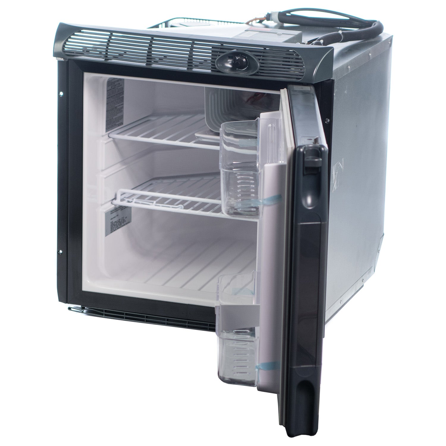 A Engel SR70 Front Opening 12/24V DC - 110/120V AC Fridge-Freezer with a door open on a white background.