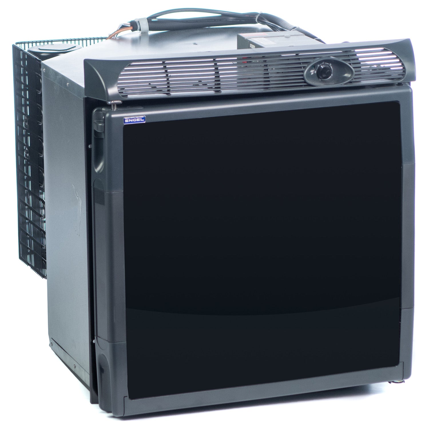 A black Engel Coolers SR70 Front Opening 12/24V DC - 110/120V AC Fridge-Freezer on a white background.