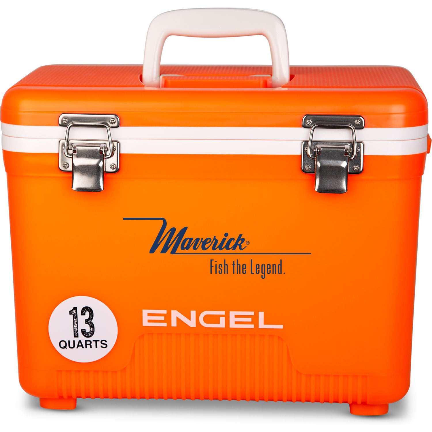 Sentence with replaced product and brand name: An orange, leak-proof Engel 13 Quart Drybox/Cooler with the word Engel Coolers on it, perfect for outdoors.