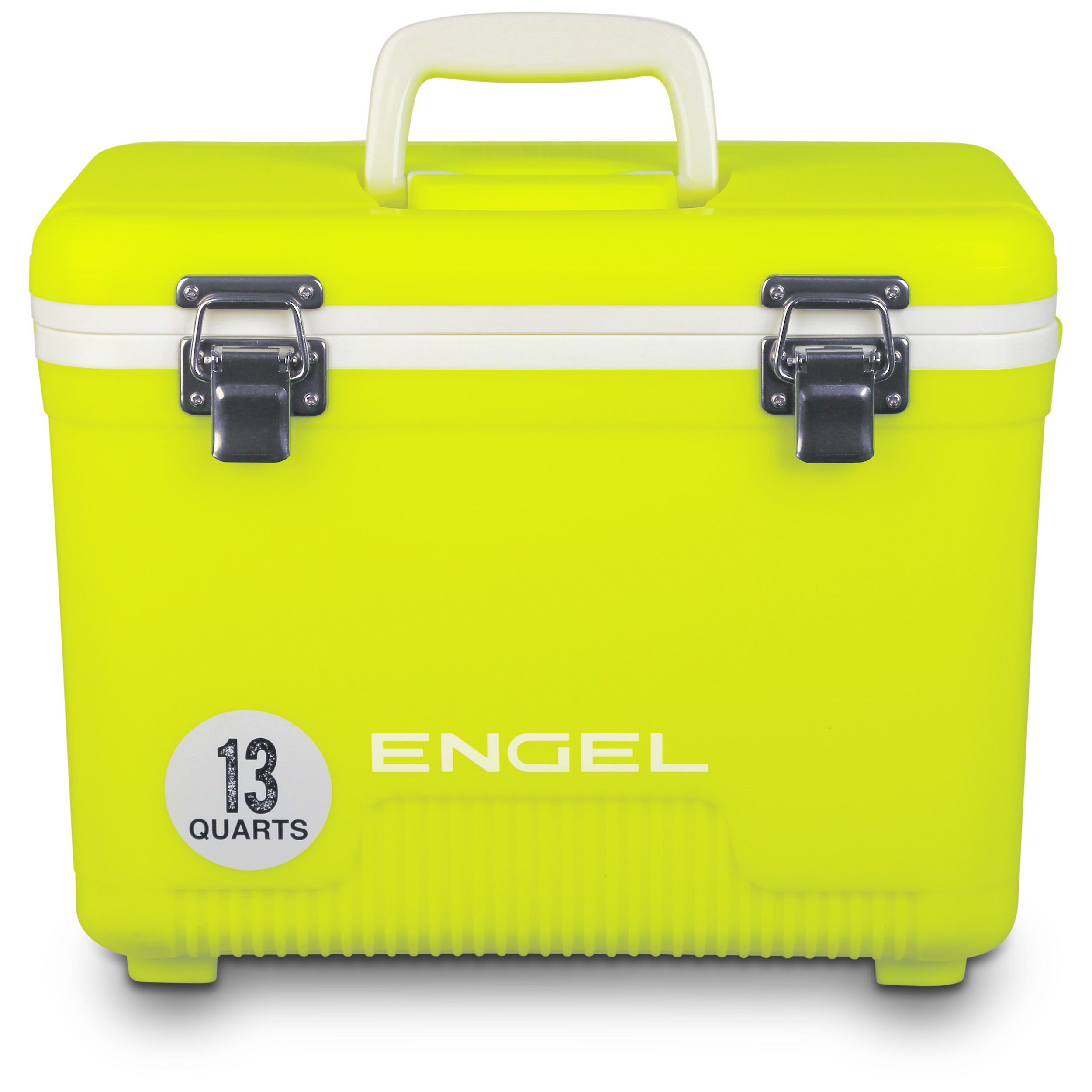 A yellow Engel 13 Quart Drybox/Cooler with the word Engel on it, perfect for any outdoor adventure.