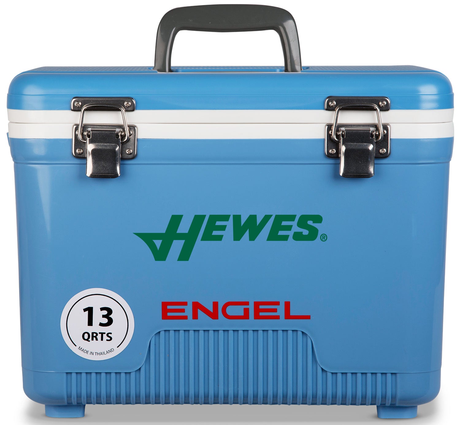 A blue, leak-proof cooler with the word Engel Coolers on it, perfect for outdoors.