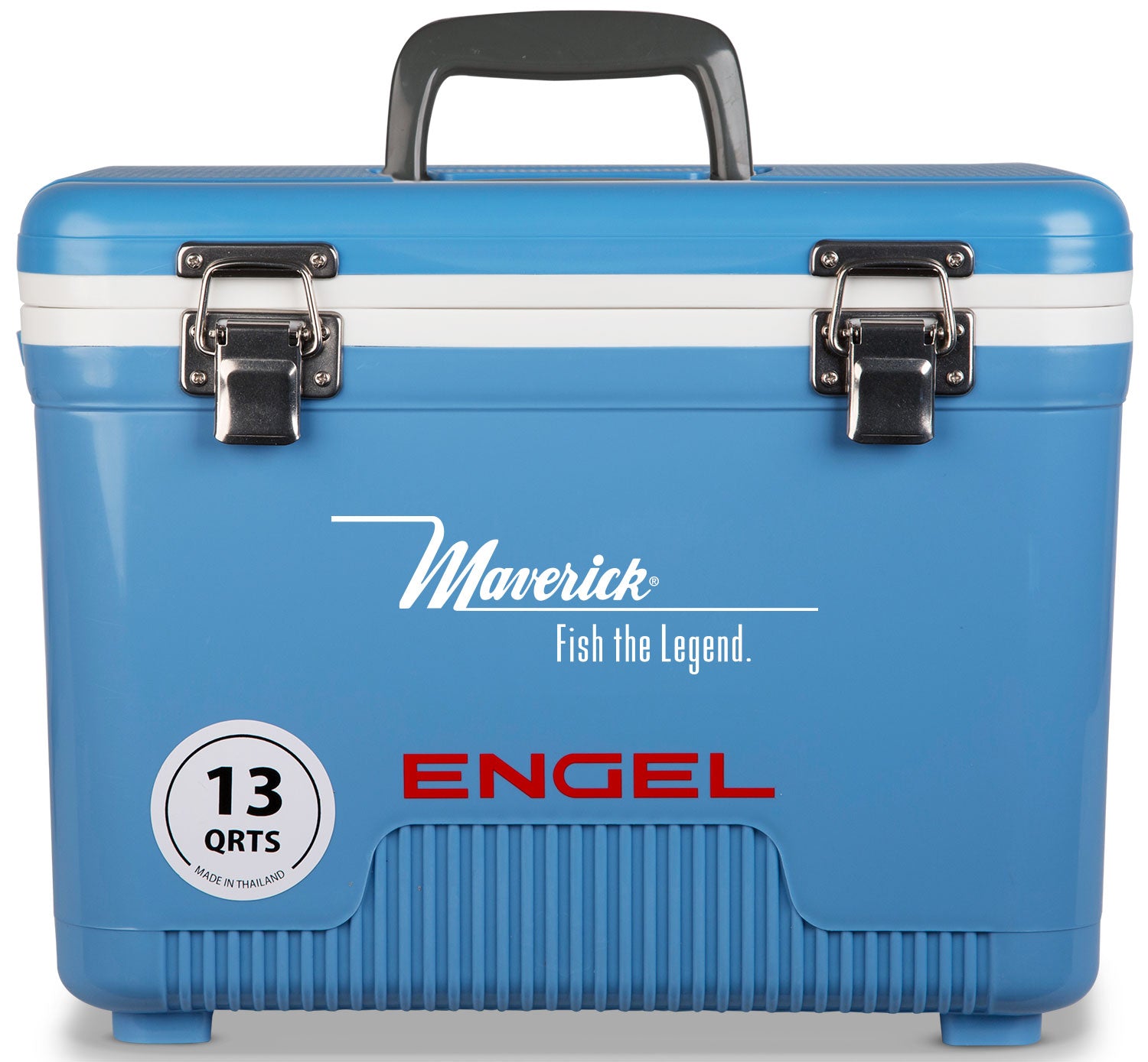 A leak-proof blue cooler with the word Engel Coolers 13 Quart Drybox/Cooler - MBG on it, perfect for the outdoors.