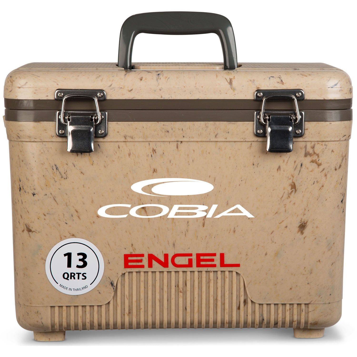 A brown, leak-proof Engel Coolers cooler with the word "cobia" on it.