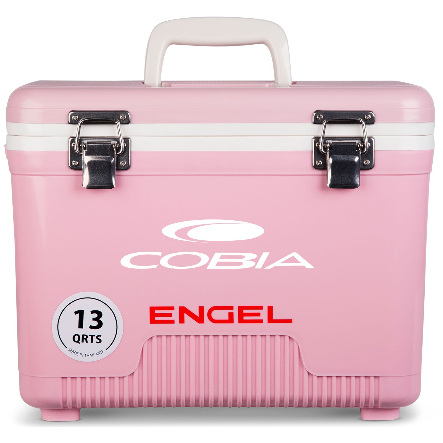 A pink leak-proof cooler with the name Engel Coolers on it.