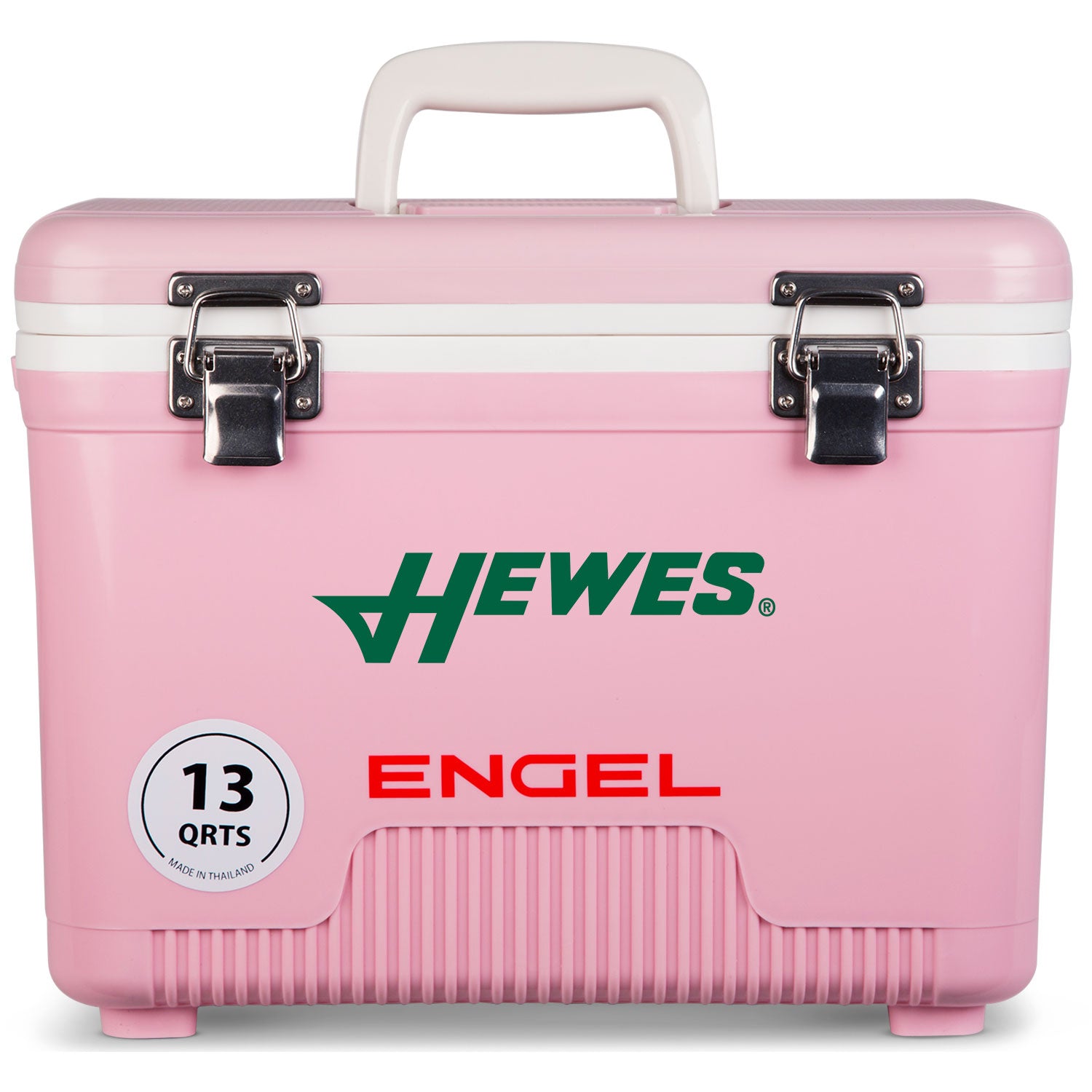 A pink, leak-proof cooler with the words Engel Coolers on it, perfect for outdoors.