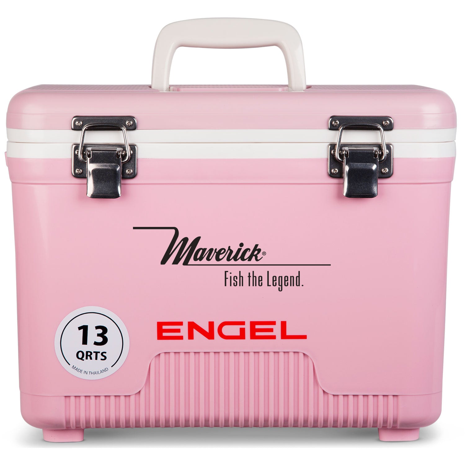 A pink, leak-proof Engel 13 Quart Drybox/Cooler with the word Engel Coolers on it, perfect for outdoors.