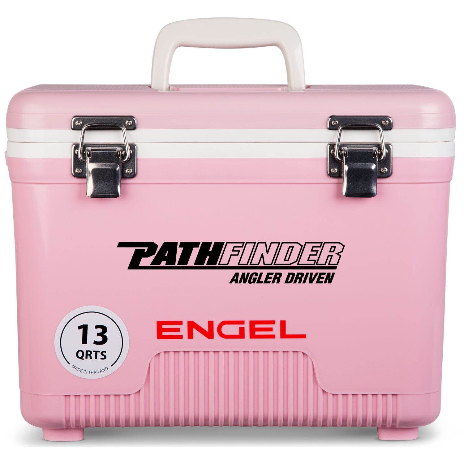 A leak-proof pink cooler with the word "Engel Coolers" on it, perfect for outdoors.