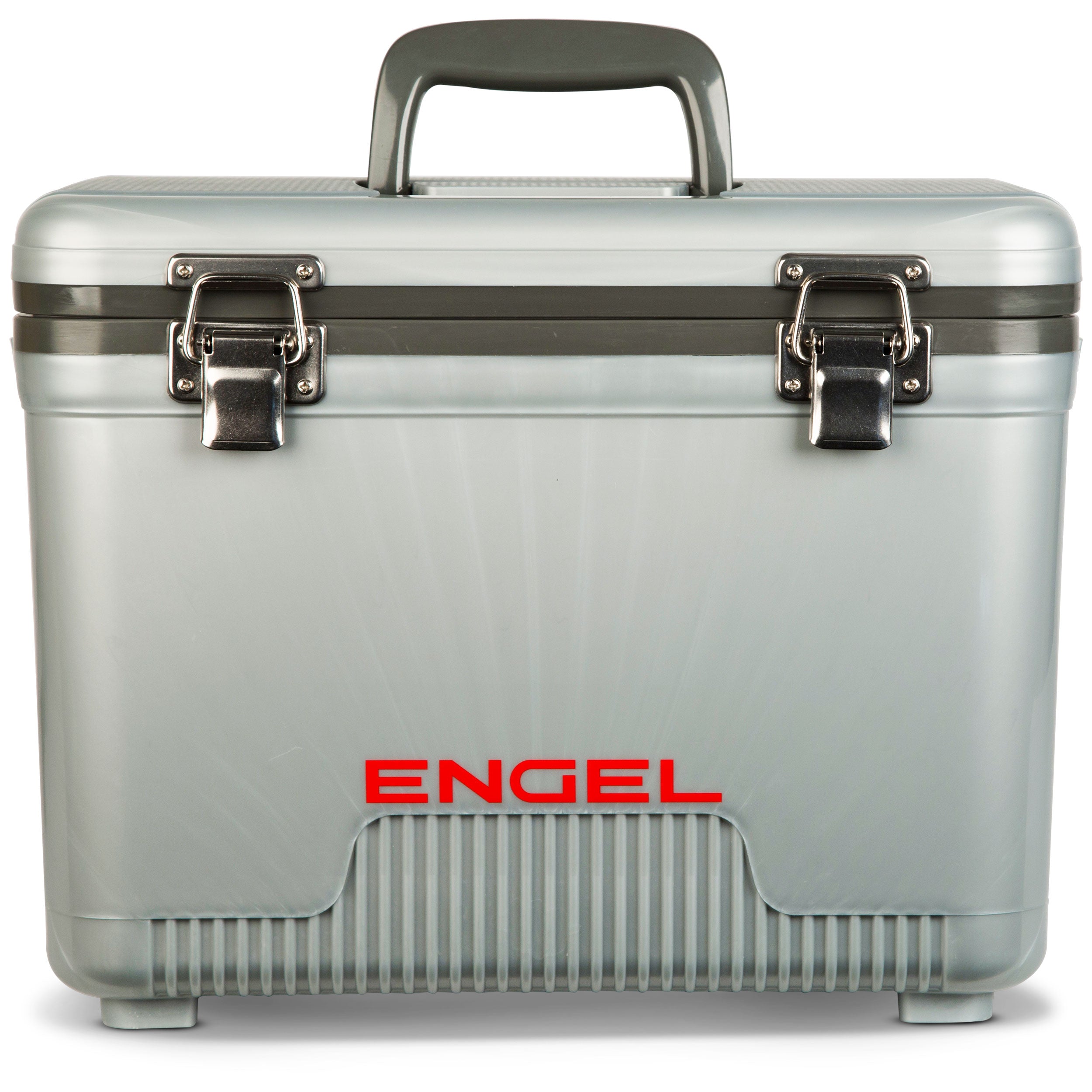 A gray Engel cooler with the word Engel on it, perfect for your next outdoor adventure.