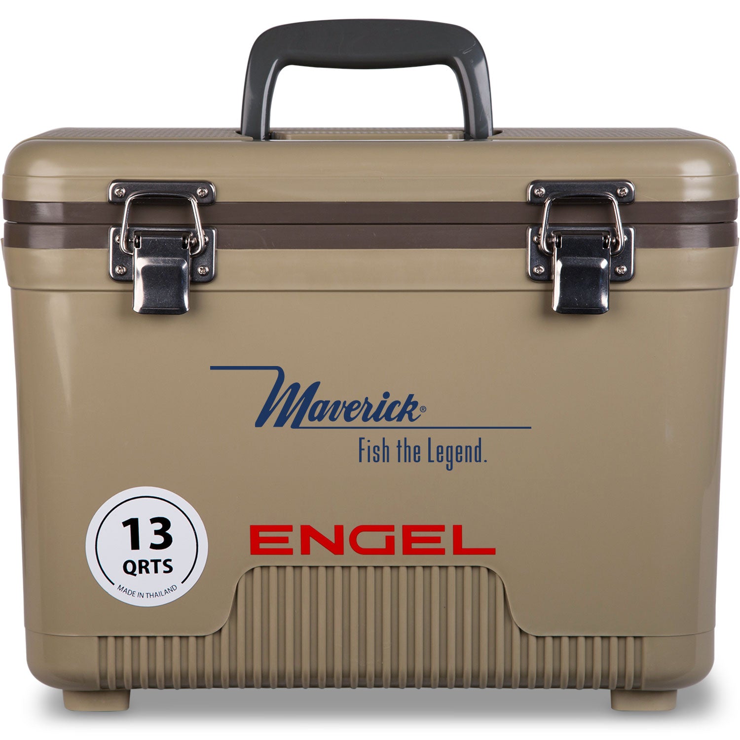 A tan, leak-proof cooler with the word Engel Coolers 13 Quart Drybox/Cooler - MBG on it.