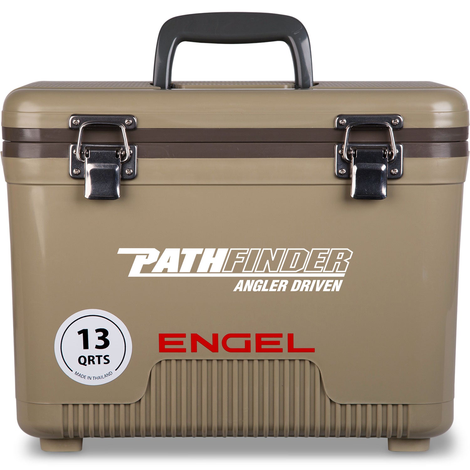 A leak-proof Engel 13 Quart Drybox/Cooler with the word Engel on it, perfect for outdoors.