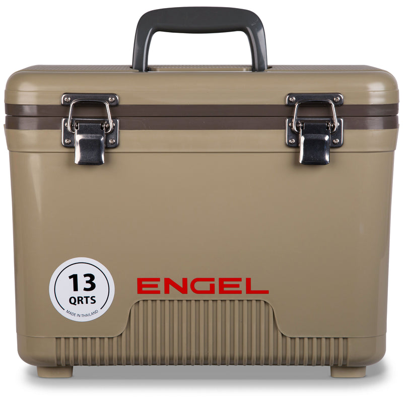 A tan outdoor adventure cooler with the word Engel Coolers on it.