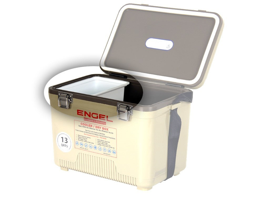 A cooler with a lid open, featuring an Engel Coolers Drybox Hanging Accessory Tray, on a white background.