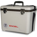 A white Engel 19 Quart Drybox/Cooler with the word Engel on it, perfect for outdoors.
