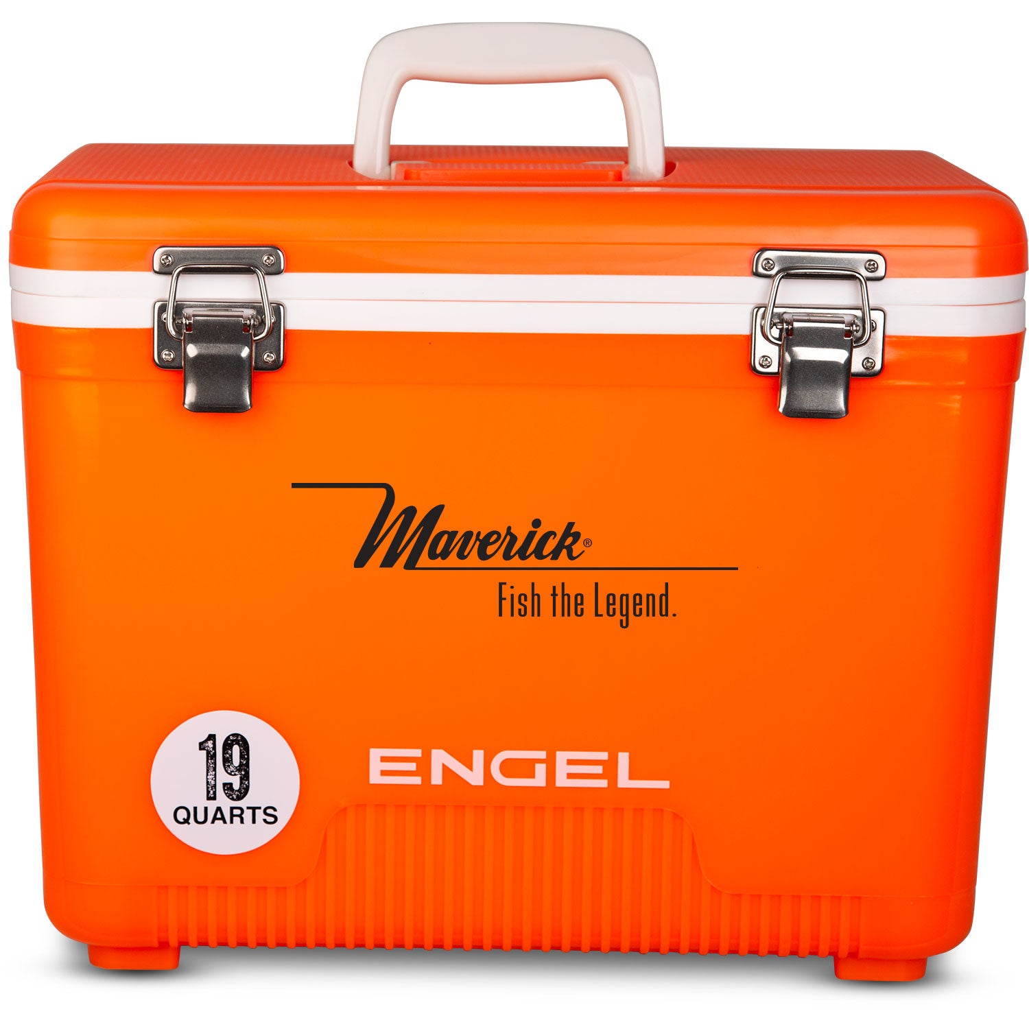 An orange, leak-proof Engel Coolers 19 Quart Drybox/Cooler with the word engel on it, perfect for any outdoor adventure.