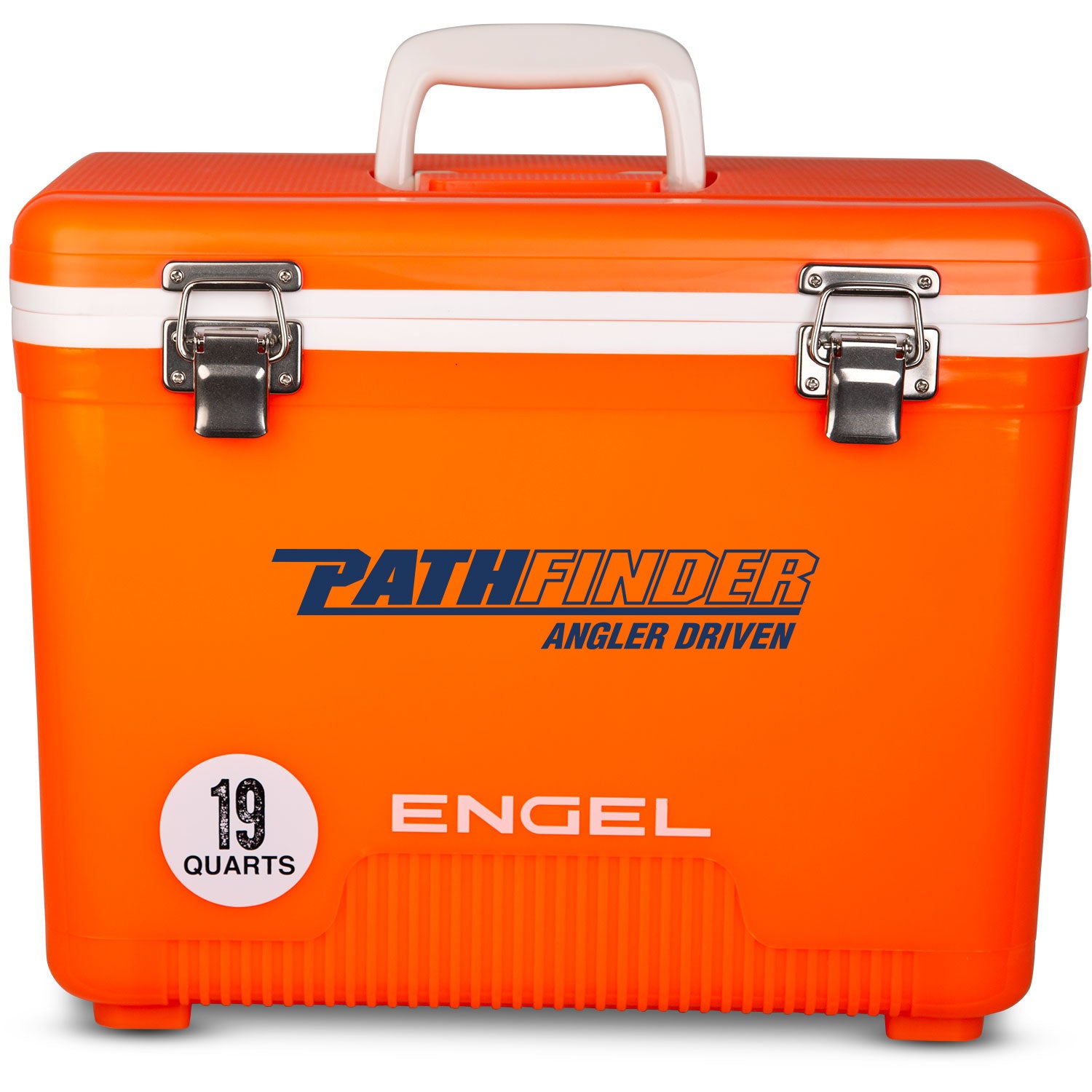 An orange, leak-proof Engel 19 Quart Drybox/Cooler with the word "pathfinder" on it.