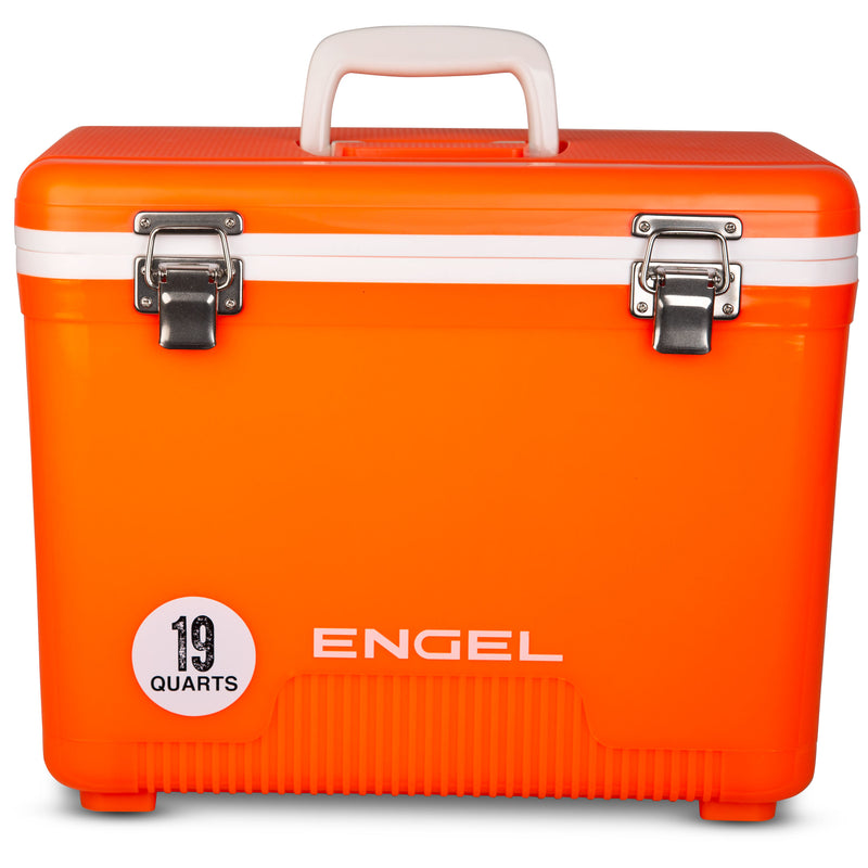 An Engel 19 Quart Drybox/Cooler with the word Engel Coolers on it, designed for outdoors.