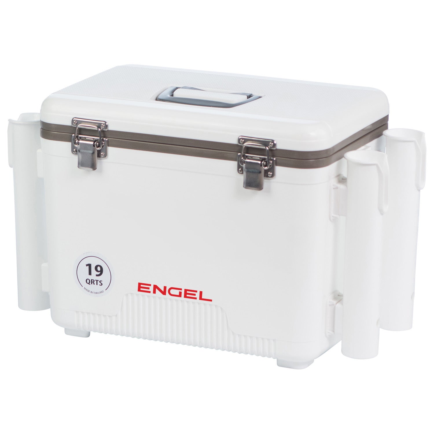 A white, airtight cooler with the Engel Coolers 19 Quart Drybox/Cooler with Rod Holders on it and fishing rod holders.