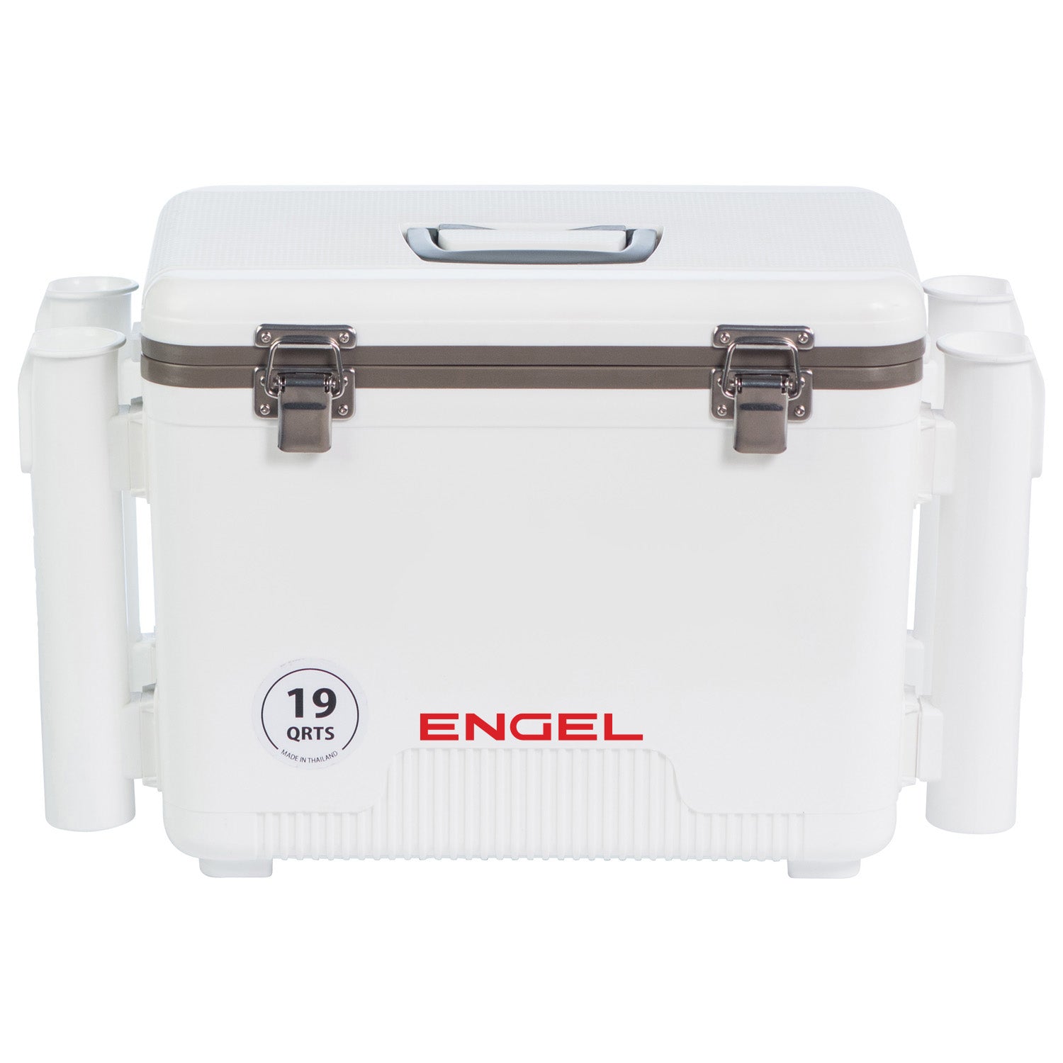 A white Engel Coolers 19 Quart Drybox/Cooler with Rod Holders with the word Engel on it.