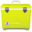 A yellow cooler, dubbed an Engel 19 Quart Drybox/Cooler, with the word Engel Coolers on it.