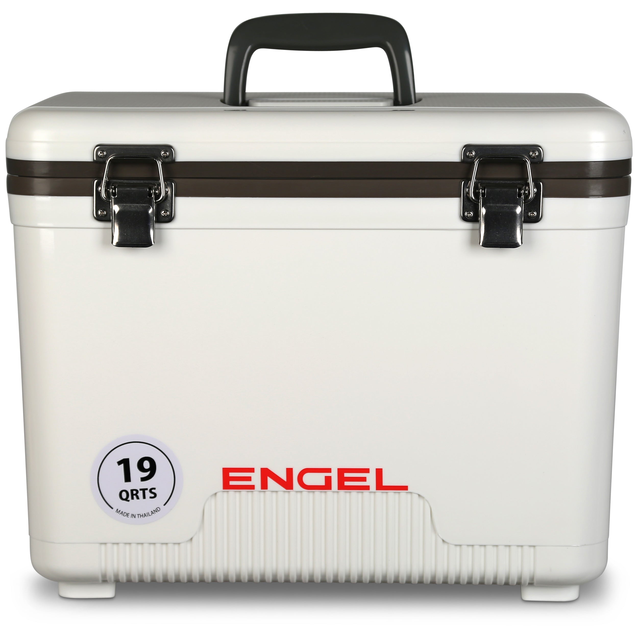 A white cooler, branded as Engel Coolers, doubles as an Engel 19 Quart Drybox/Cooler for outdoors.