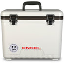 A white cooler, branded as Engel Coolers, doubles as an Engel 19 Quart Drybox/Cooler for outdoors.