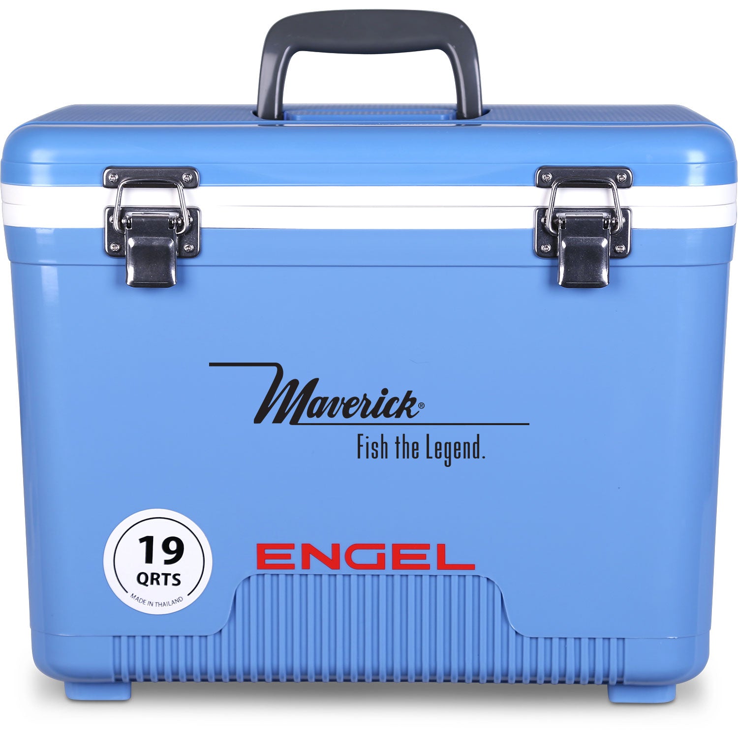 A leak-proof blue Engel Coolers 19 Quart Drybox/Cooler with the word Engel on it, perfect for any outdoor adventure.