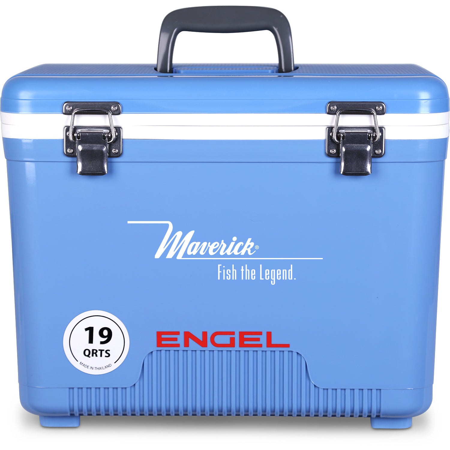 A leak-proof blue Engel Coolers 19 Quart Drybox/Cooler with the word Engel on it, perfect for any outdoor adventure.