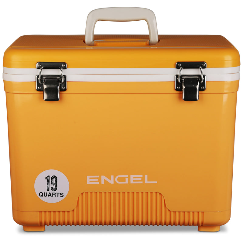 A yellow Engel 19 Quart Drybox/Cooler with the word Engel Coolers on it, perfect for outdoors.
