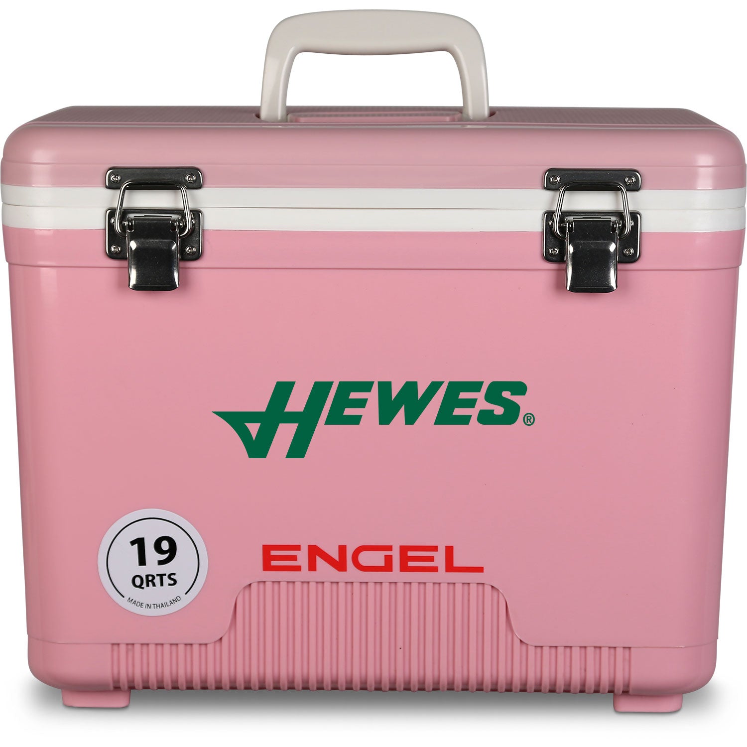 A pink, leak-proof Engel 19 Quart Drybox/Cooler with the words Engel Coolers on it, perfect for any outdoor adventure.