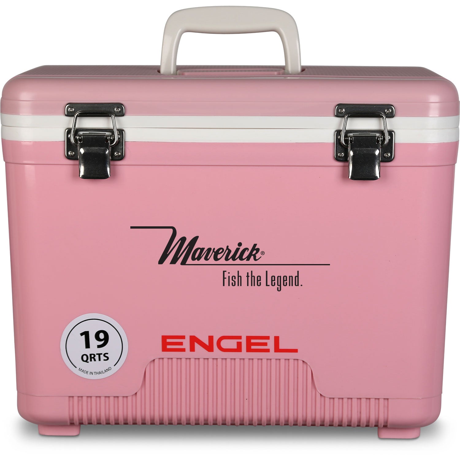 A pink, leak-proof cooler with the word Engel Coolers on it.