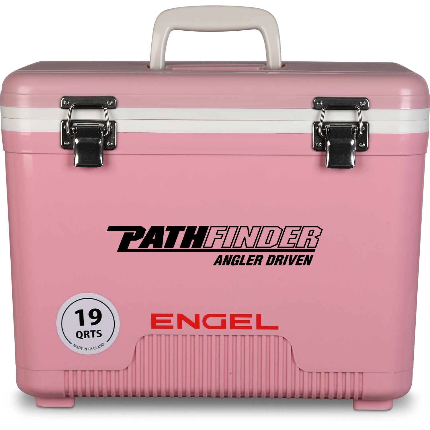 A leak-proof, pink Engel 19 Quart Drybox/Cooler - MBG with the word "pathfinder" on it, perfect for any outdoor adventure.