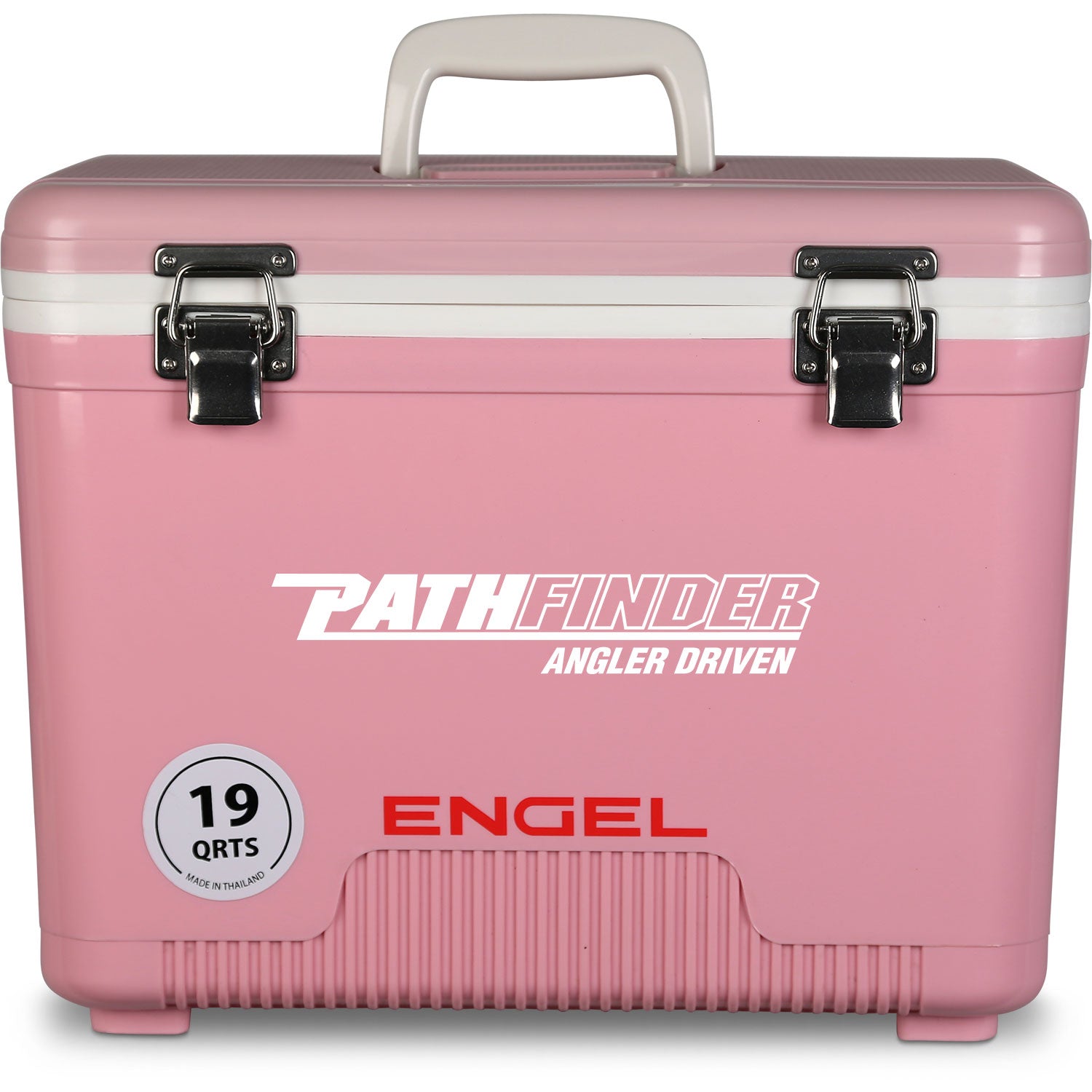 A pink, leak-proof Engel 19 Quart Drybox/Cooler with the word Pathfinder on it.