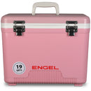 A pink Engel 19 Quart Drybox/Cooler designed for the outdoors by Engel Coolers.