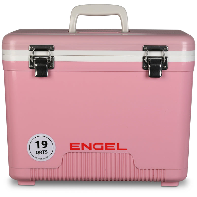 A pink Engel 19 Quart Drybox/Cooler designed for the outdoors by Engel Coolers.