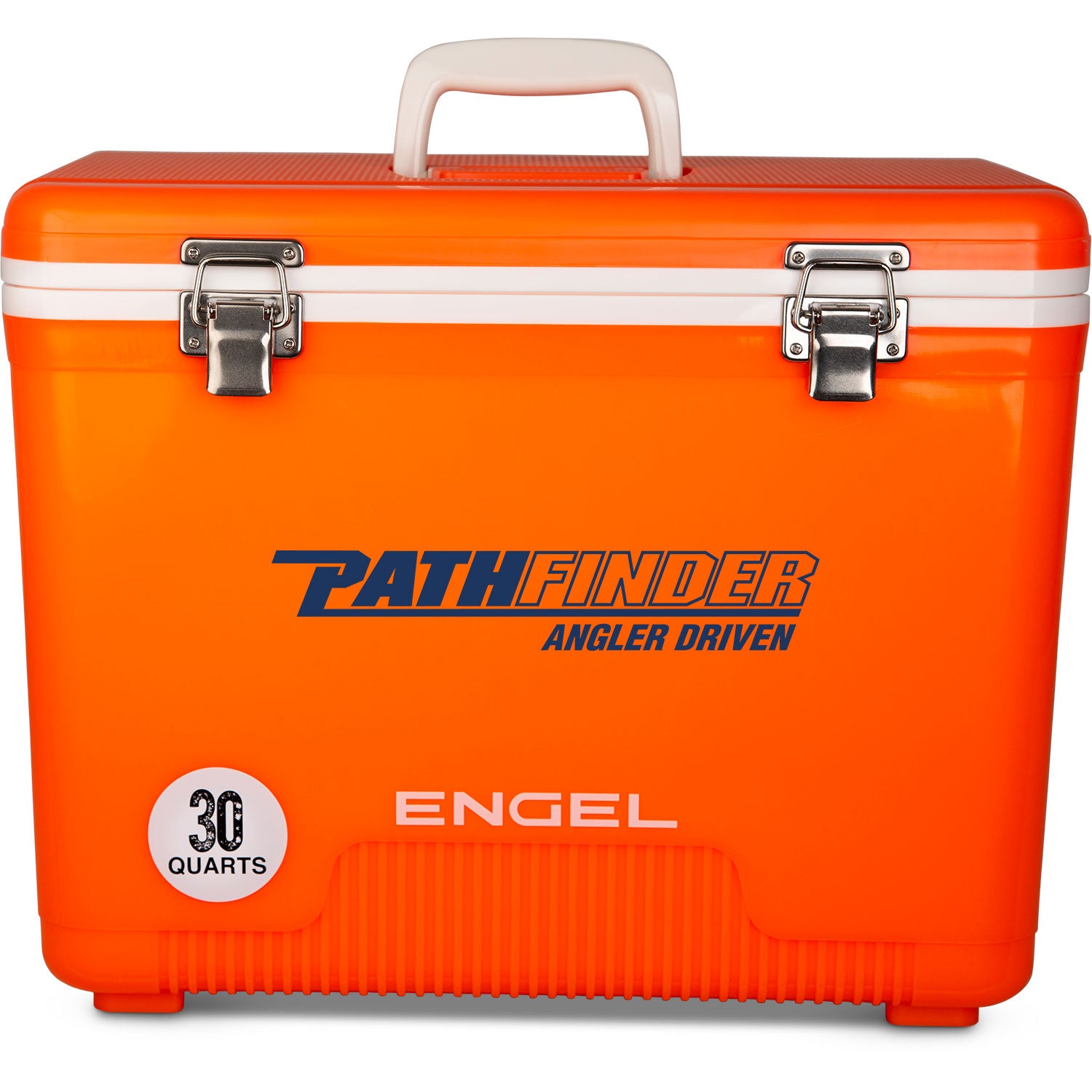 An orange, leak-proof cooler with the word "Engel Coolers" on it.