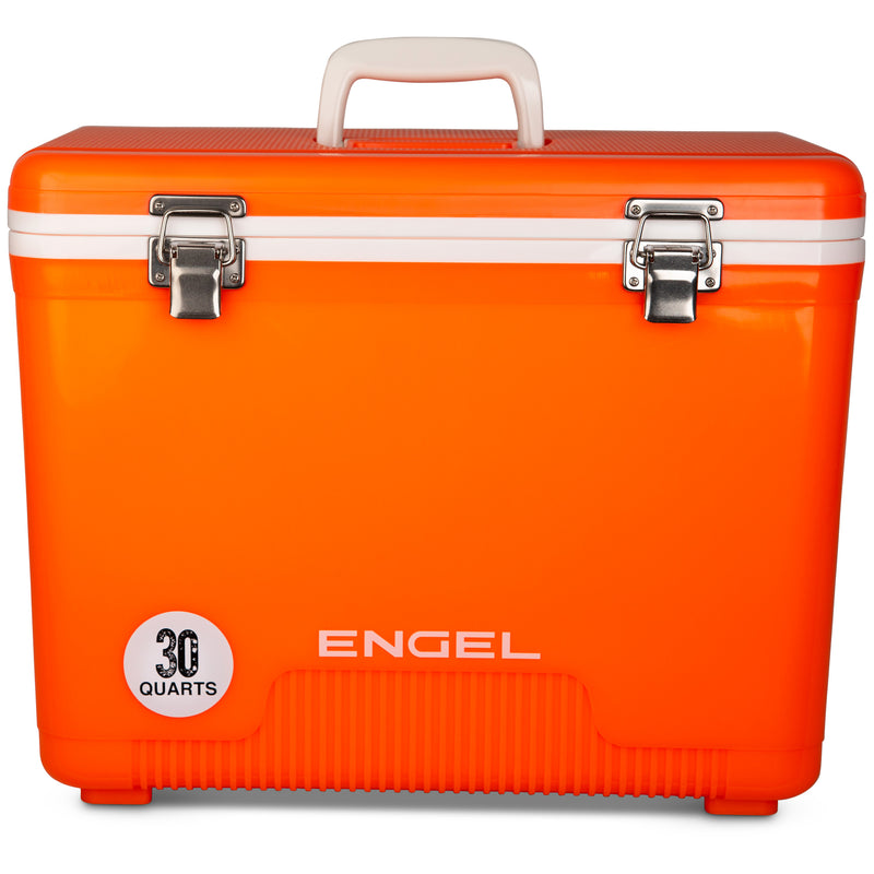 An Engel Coolers 30 Quart Drybox/Cooler with the word Engel on it, perfect for your next outdoor adventure.