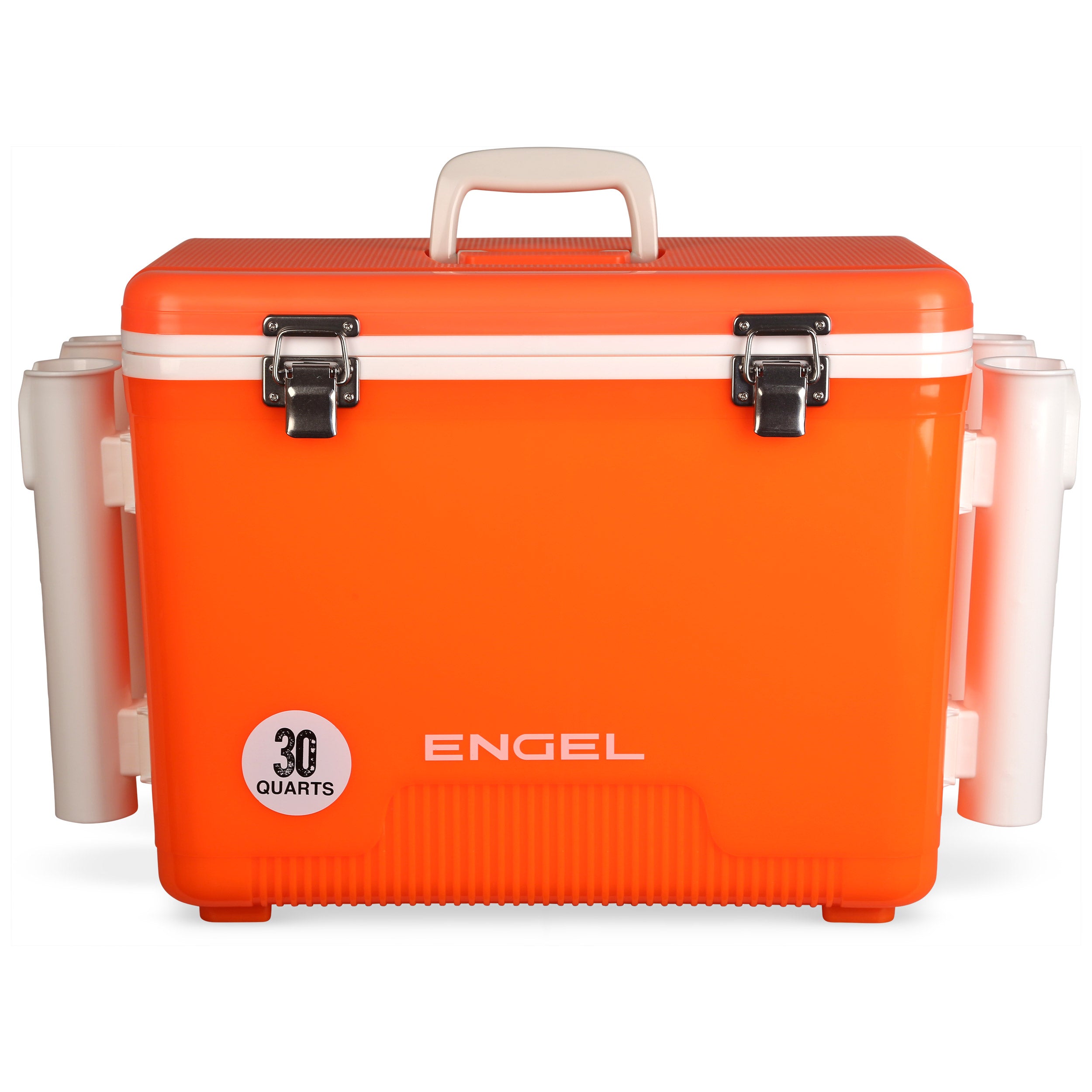 The leak-proof Engel 30 Quart Drybox/Cooler with Rod Holders is orange and white.