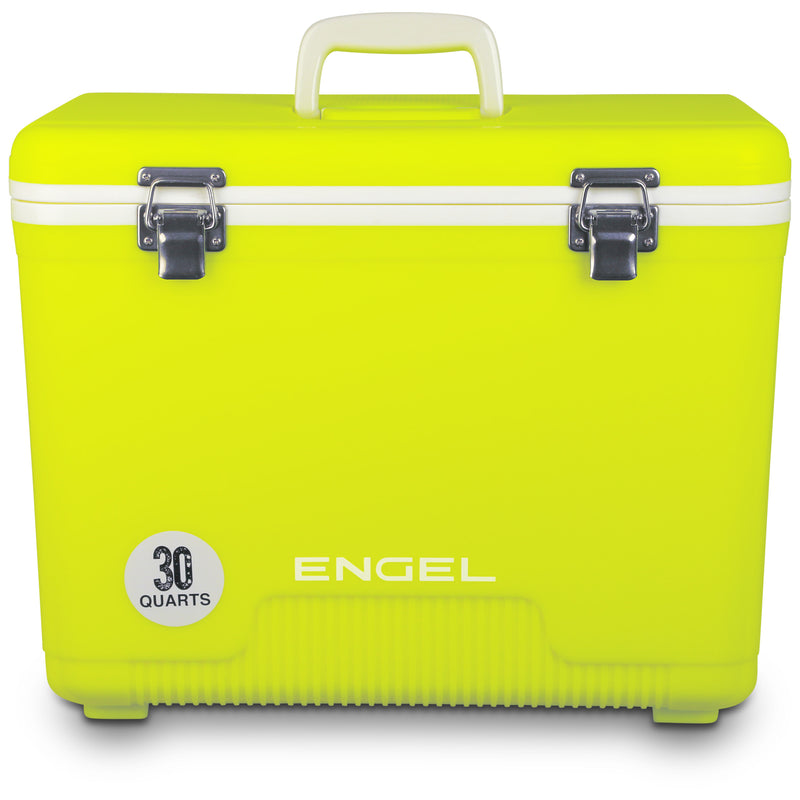 A yellow Engel Coolers 30 Quart Drybox/Cooler, perfect for outdoor adventures.