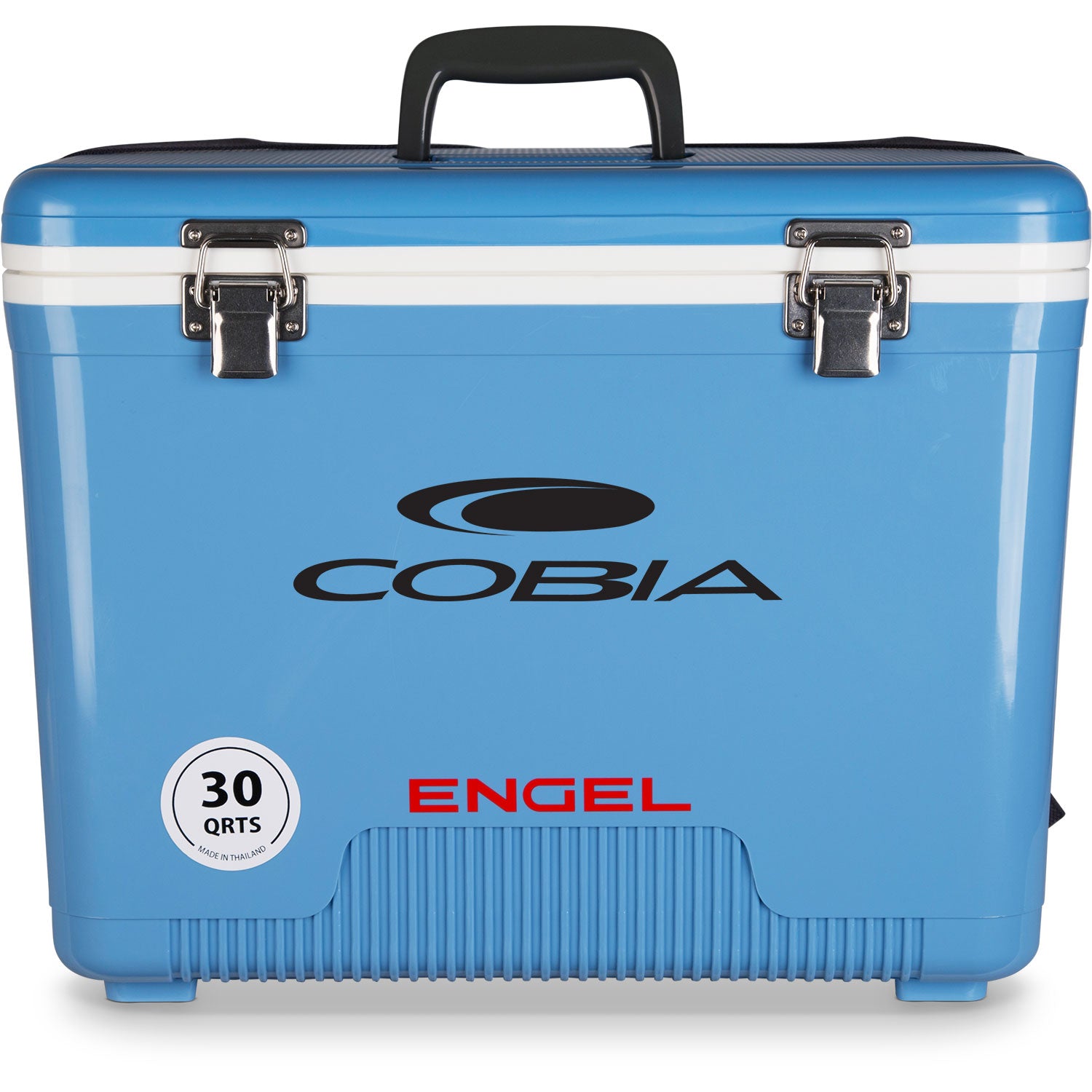 A leak-proof blue Engel 30 Quart Drybox/Cooler with the cobia logo on it.