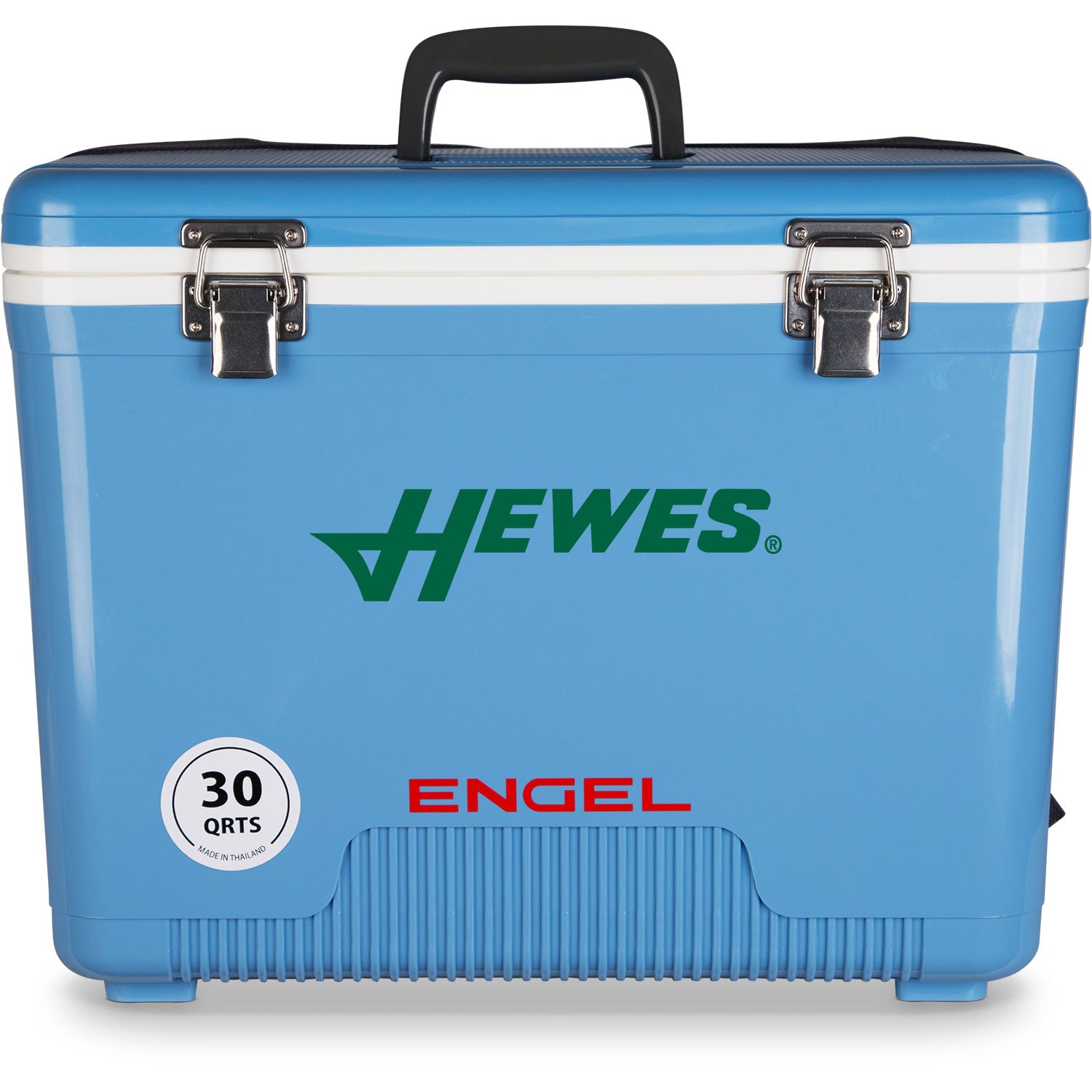 A blue, leak-proof cooler with the words Engel Coolers on it.