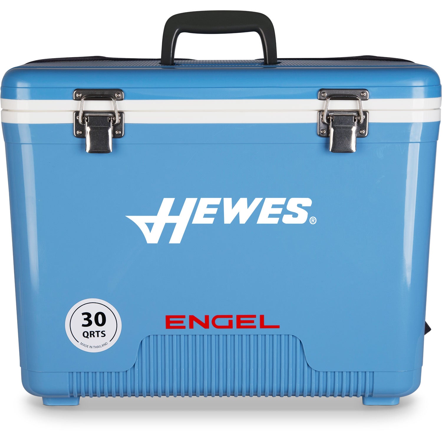 A blue leak-proof Engel Cooler with the words hewes on it.