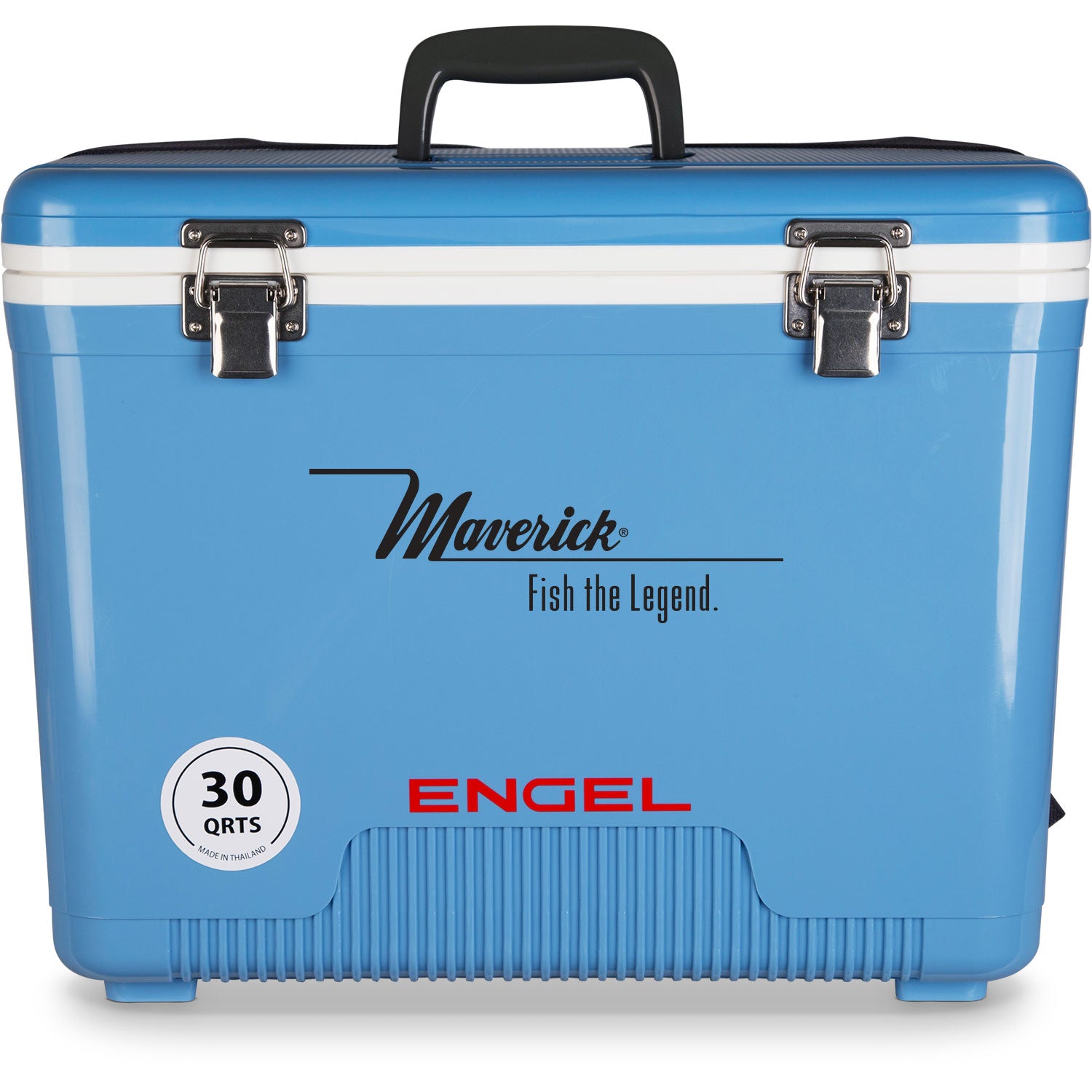 A leak-proof blue cooler with the word Engel Coolers 30 Quart Drybox/Cooler - MBG on it.