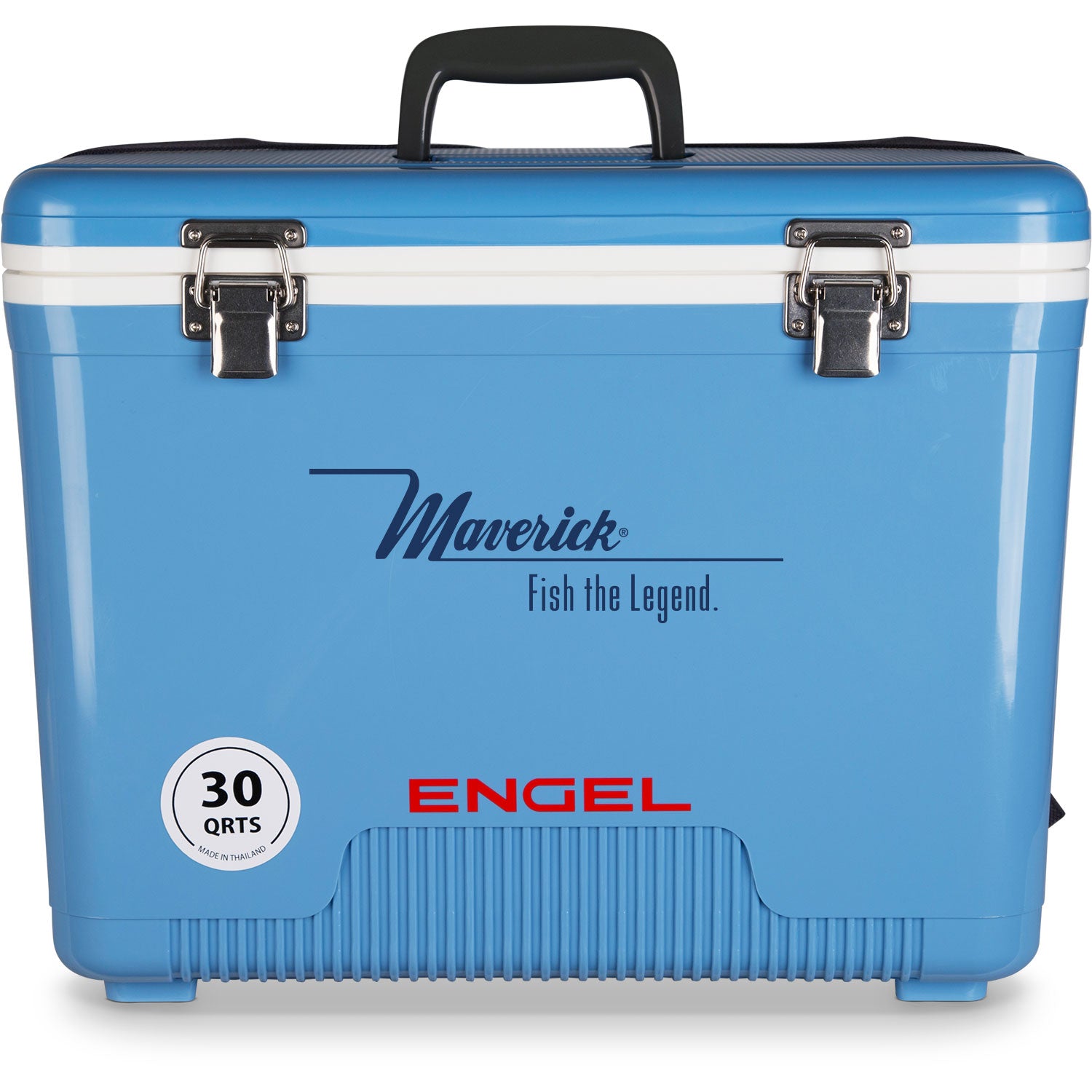 A leak-proof Engel 30 Quart Drybox/Cooler with the word Engel Coolers on it.