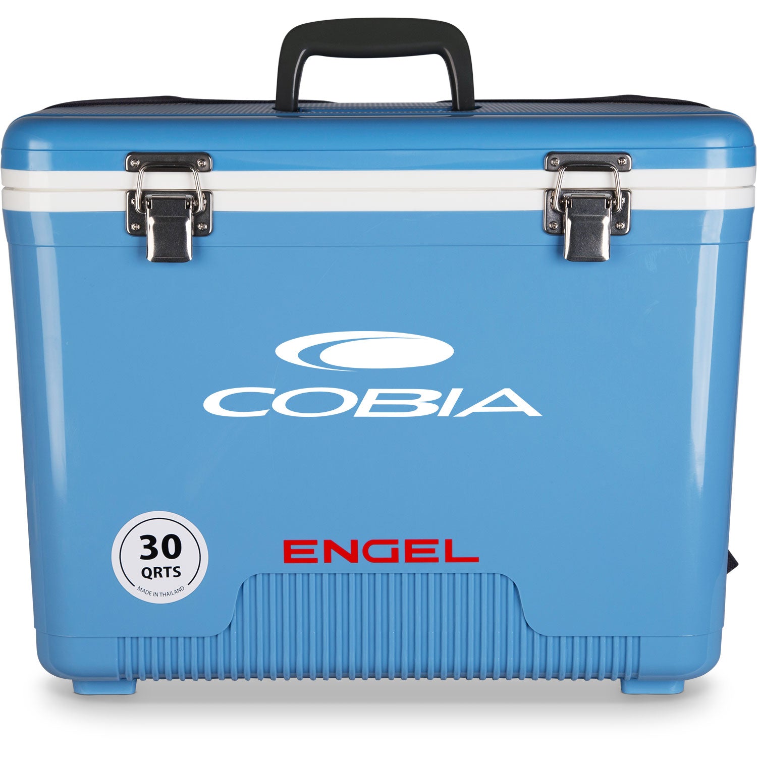 A blue, leak-proof Engel 30 Quart Drybox/Cooler with the MBG logo on it.