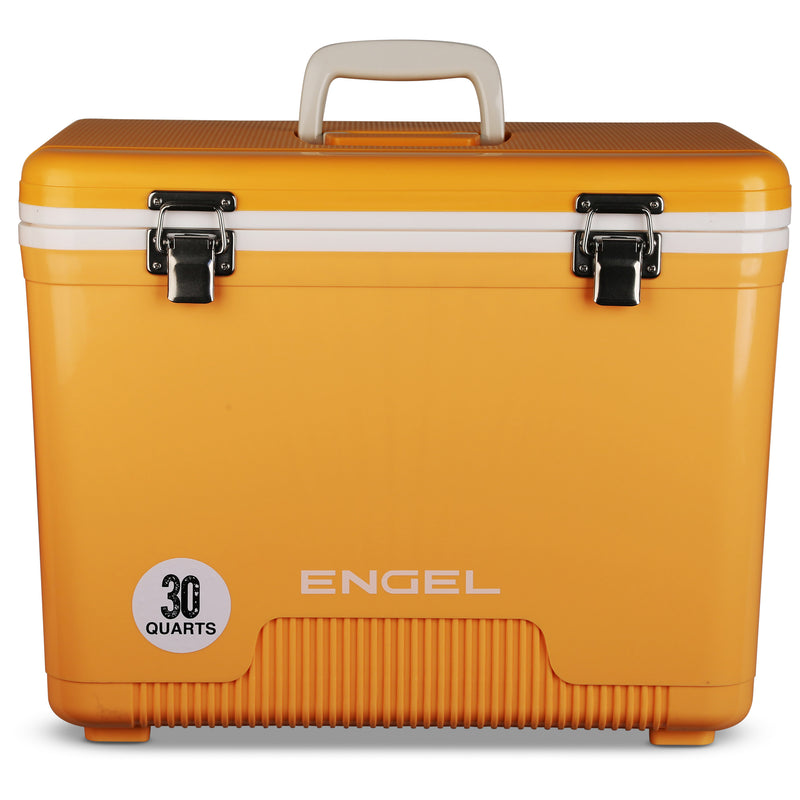 The Engel Coolers 30 Quart Drybox/Cooler, perfect for your outdoor adventure, is orange and white.