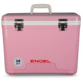A pink Engel Coolers 30 Quart Drybox/Cooler for outdoor adventures.