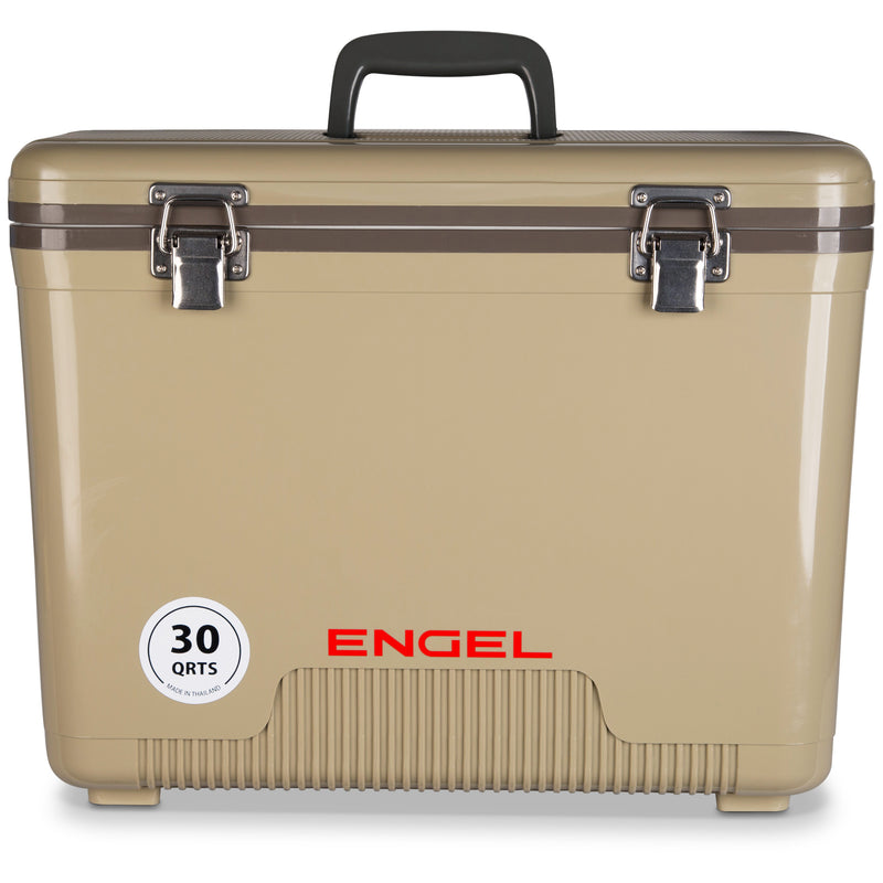 A tan Engel 30 Quart Drybox/Cooler, perfect for your next outdoor adventure.