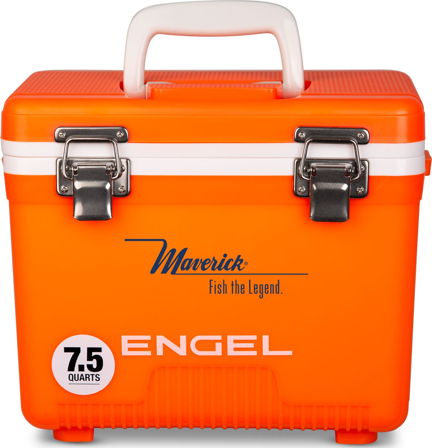 An outdoor orange cooler with the word Engel on it.